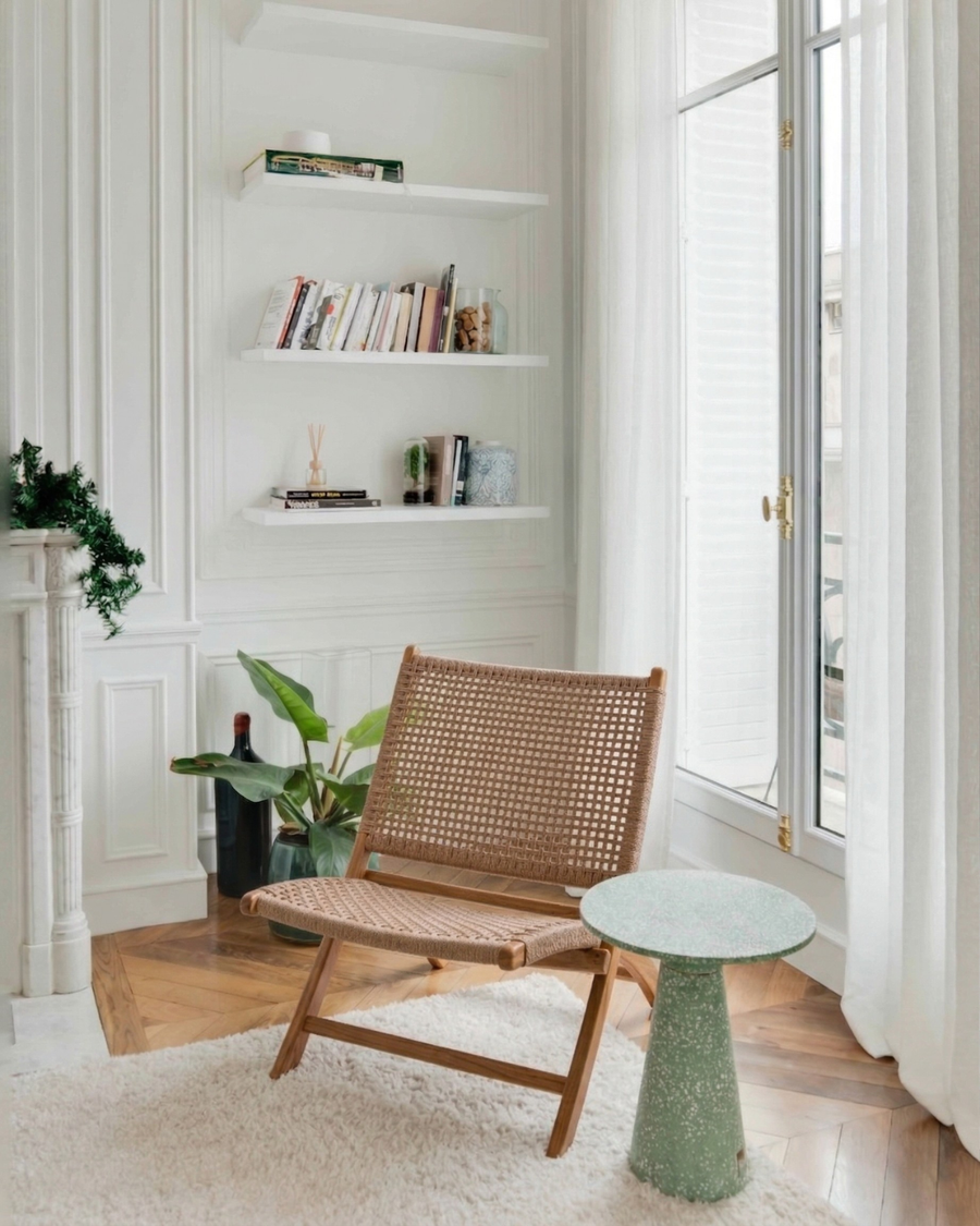 Loungesessel aus massivem Teakholz mit Cord-Geflecht im Skandi & Boho Stil