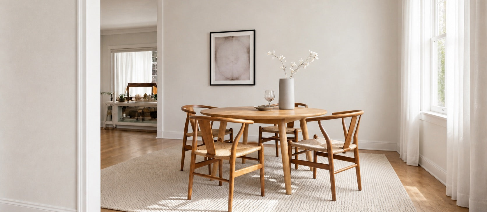 Alara Esszimmerstühle aus Teak mit Rattan-Geflecht am Esstisch