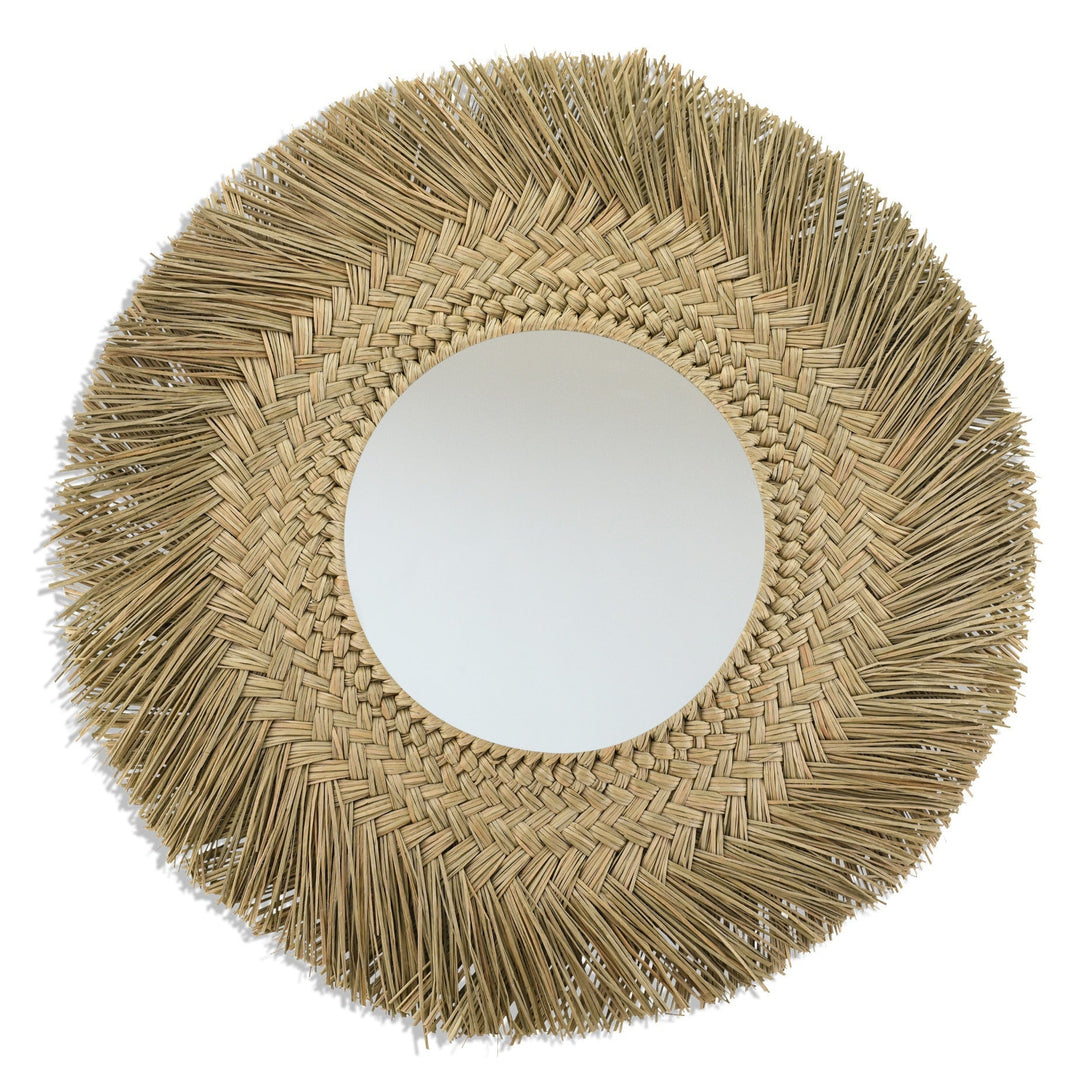 Runder Boho Spiegel Banboo aus geflochtenem Seegras, natur