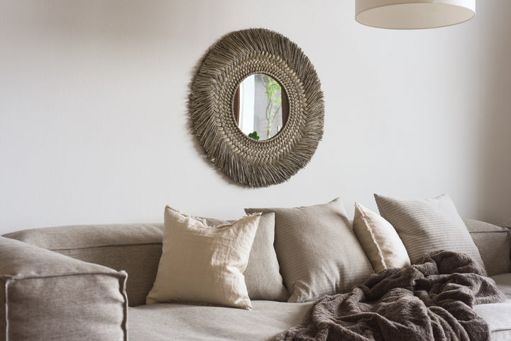 Runder Boho Spiegel Banboo aus geflochtenem Seegras, natur