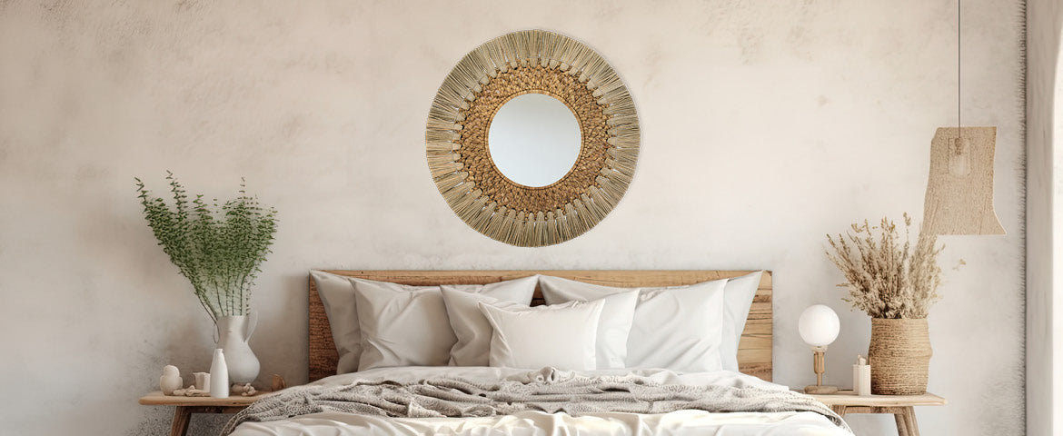 Runder Boho Spiegel Sennai hängt über einem Bett an der Wand