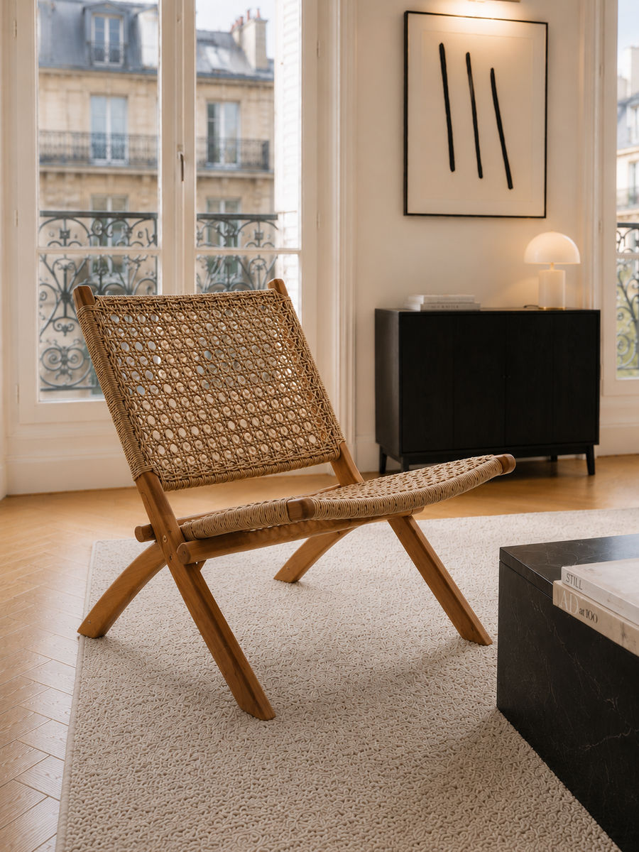 Vaela Boho Lounge Chair made of Solid Teak Wood and Rattan Weave