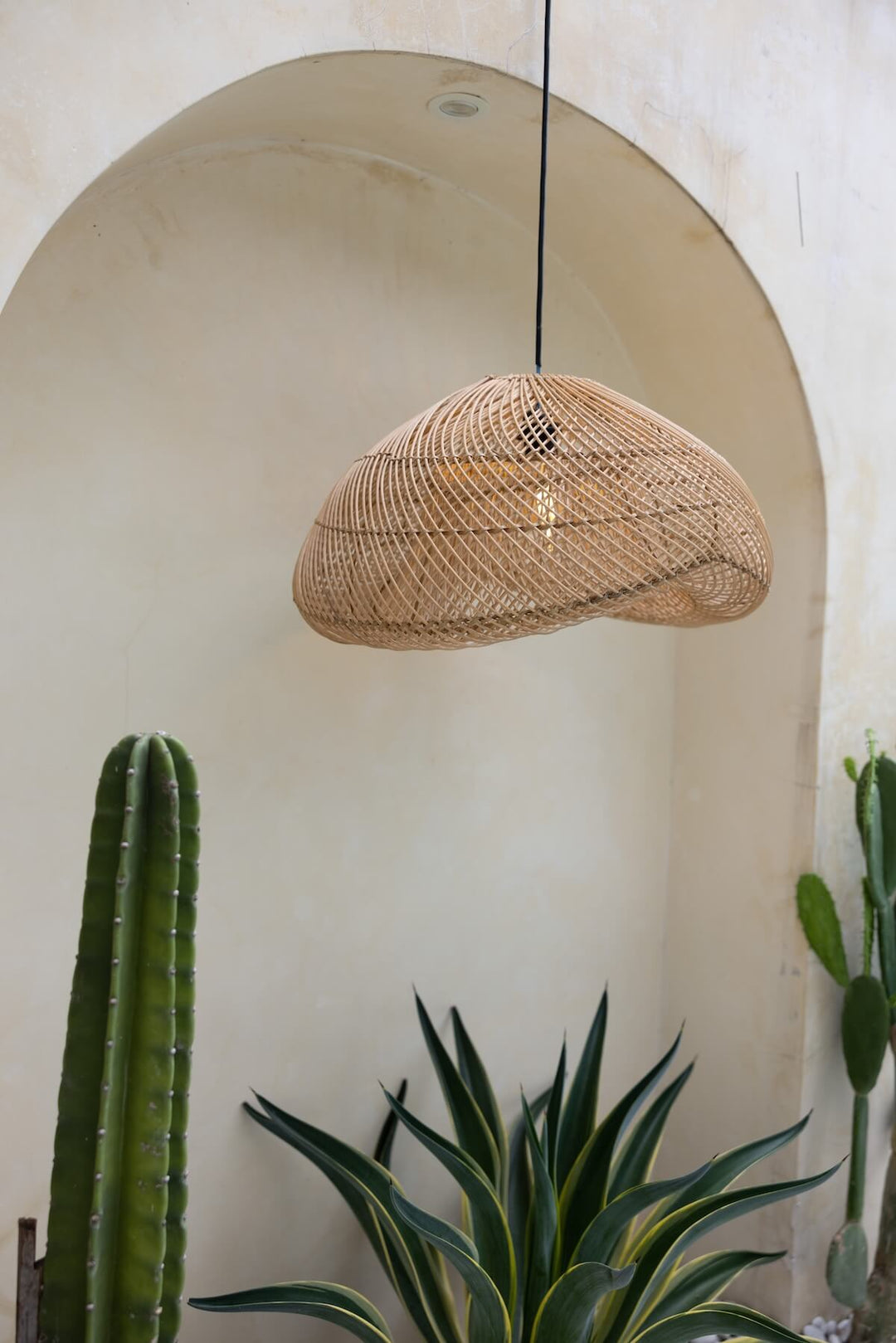 Bayu Lampe aus Rattannhängt in einem Outdoorbereich über Kakteen