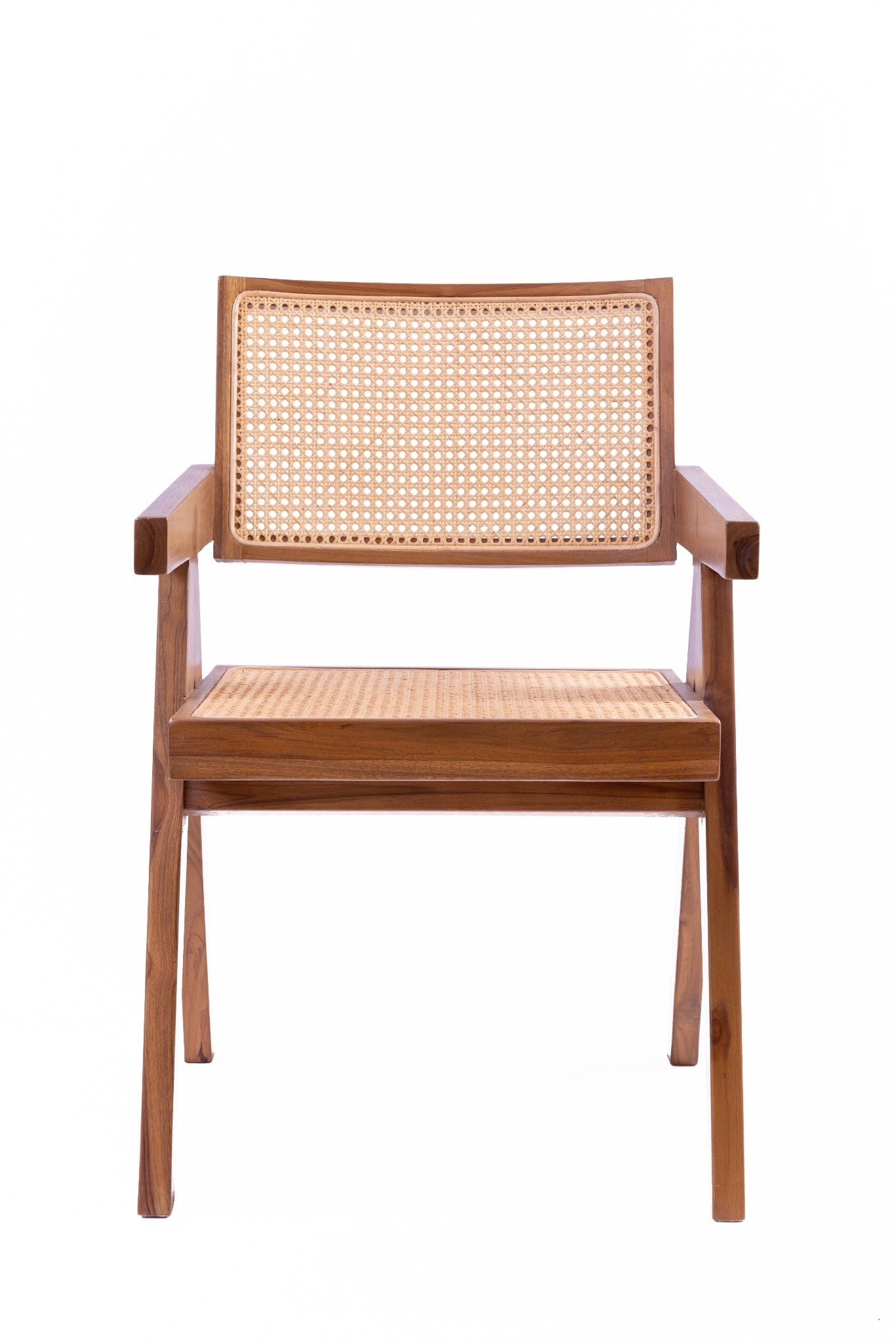 Rattanstuhl mit Armlehne aus Teakholz